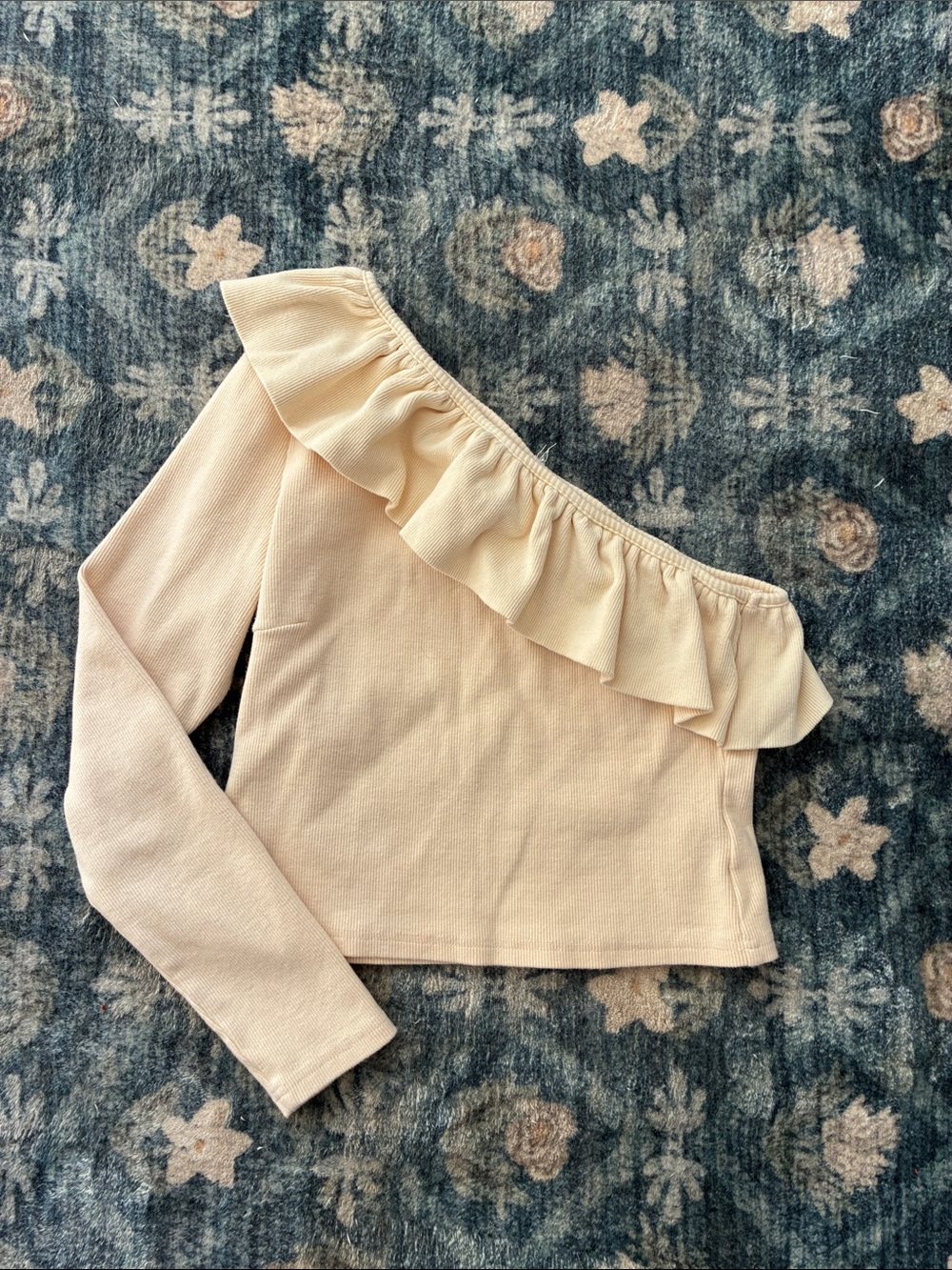 Anthropologie One-Shoulder Ruffle Long-Sleeve Top in Cream